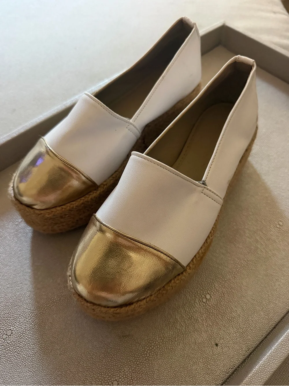 White & Gold Espadrille Platform Slip-On Flats